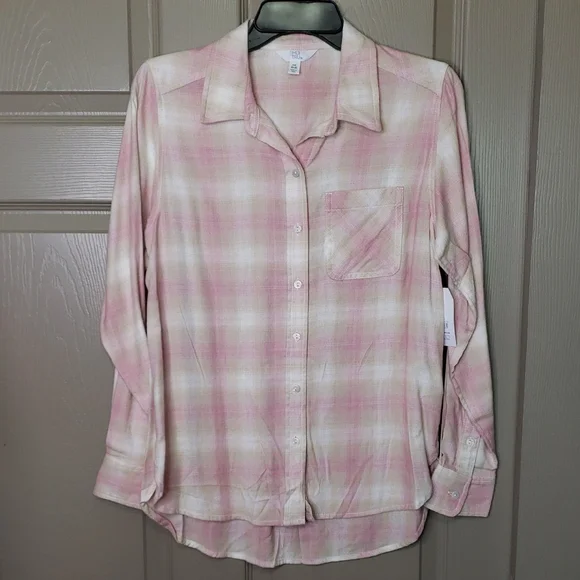 NWT Time And Tru Vintage Pink Plaid Flannel Long Sleeve Button-Up Shirt - Picture 2 of 9